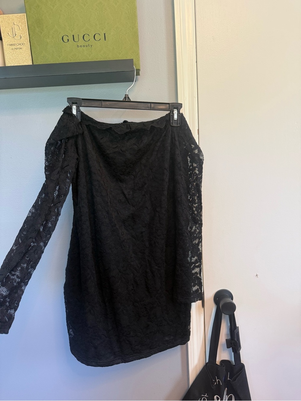 Black Off-Shoulder Lace Mini Dress